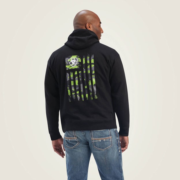 *SALE* ONLY 2XL & 3XL LEFT!! Ariat Camo Flag/ NLFO Sleeve Logo Hooded Pullover Sweatshirt - Black/ Green